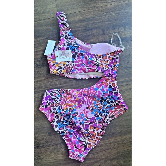 Jessica Simpson Women's Abstract-Print One-Shoulder Swimsuit Pink Multicolor L - Picture 7 of 8